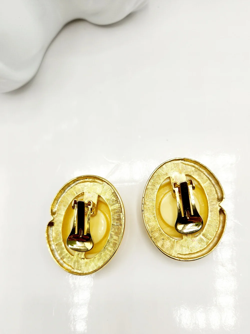 Gold-Tone Cream Oval Clip Earrings